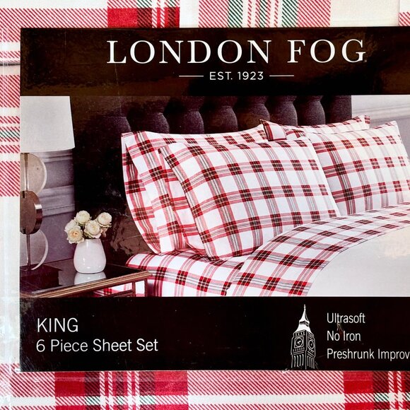 6-pc London Fog KING SIZE Plaid Sheet SetChristmas Plaid (2 extra pillowcases)